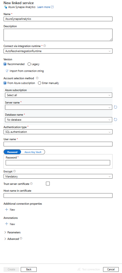 Screenshot der Konfiguration für einen Azure Synapse Analytics verknüpften Dienst.