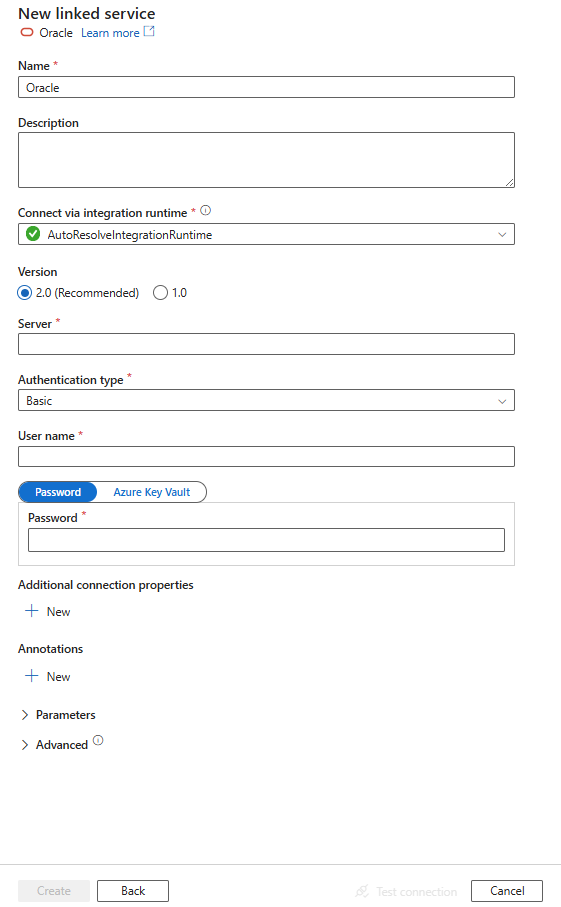 Screenshot der Konfiguration des verknüpften Diensts für Oracle.