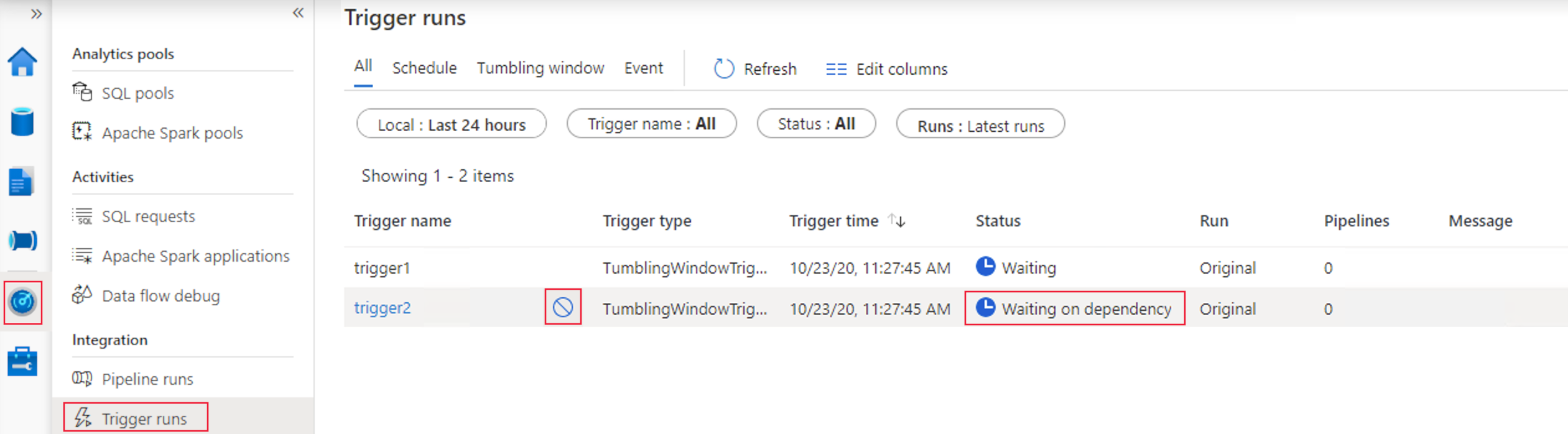 Screenshot, das das Abbrechen eines Tumbling-Window-Triggers von der Überwachungsseite in Azure Synapse anzeigt.