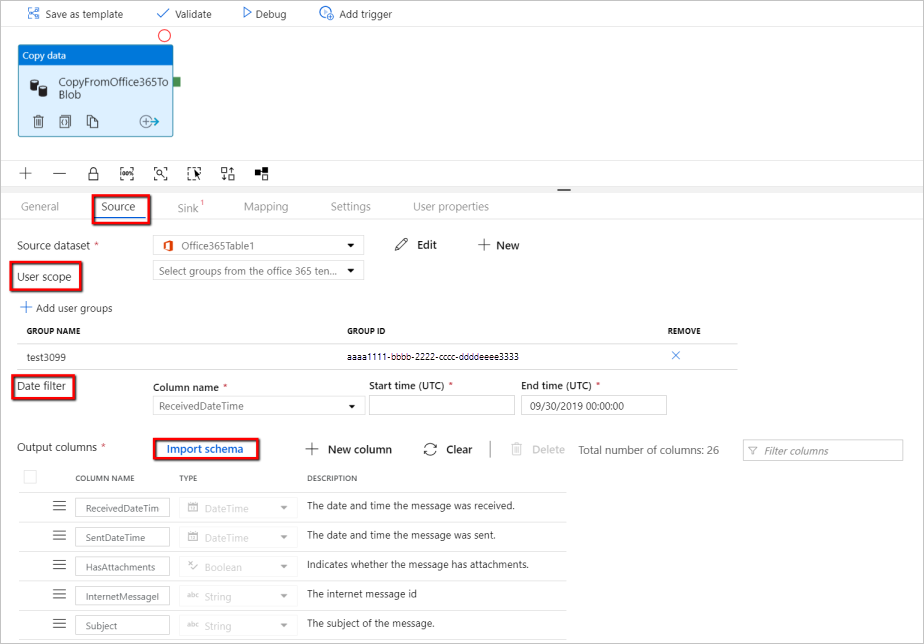 Konfigurieren Sie das Microsoft 365 (Office 365) Datensatzschema.