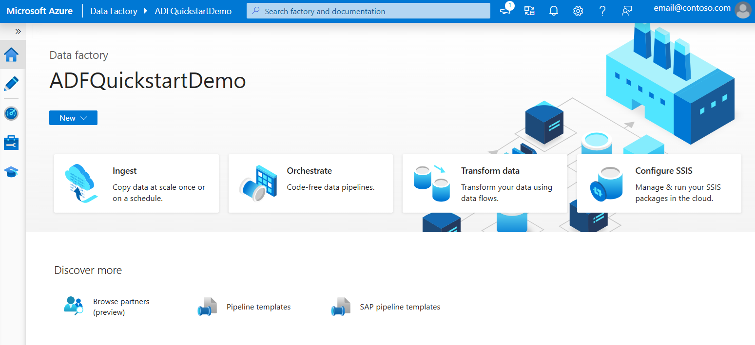 Screenshot, der die Seite von Azure Data Factory Studio für eine erstellte Datenfabrik zeigt.