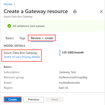 Screenshot: Zur Überprüfung angezeigte Details für die Data&nbsp;Box&nbsp;Gateway-Ressource