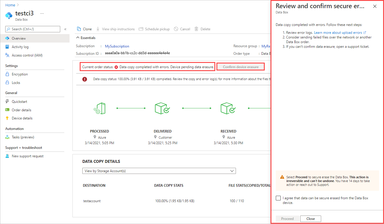 Screenshot einer Data Box-Bestellung mit Uploadfehlern, bei denen ein erneuter Versuch möglich ist. BESCHREIBEN SIE, WAS HERVORGEHOBEN IST.