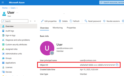 Screenshot: Benutzerseite im Azure-Portal mit Hervorhebung der GUID im Feld „Objekt-ID“.
