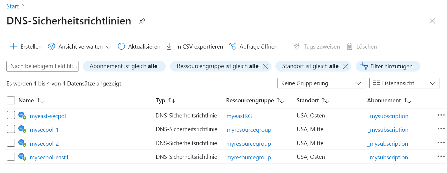 Screenshot der Liste der DNS-Resolver-Richtlinien.