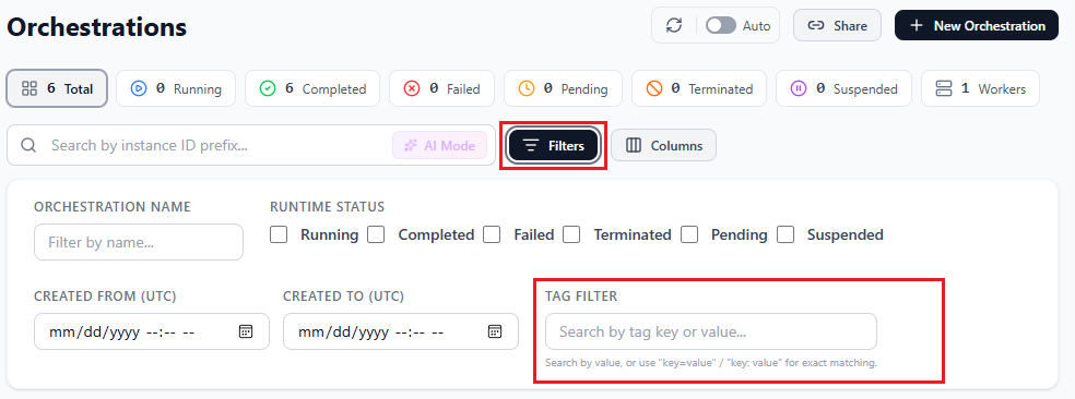 Screenshot des Durable Task Scheduler-Dashboards, das den Tagfilter und die Spalte „Tags“ in der Orchestrierungsliste zeigt.