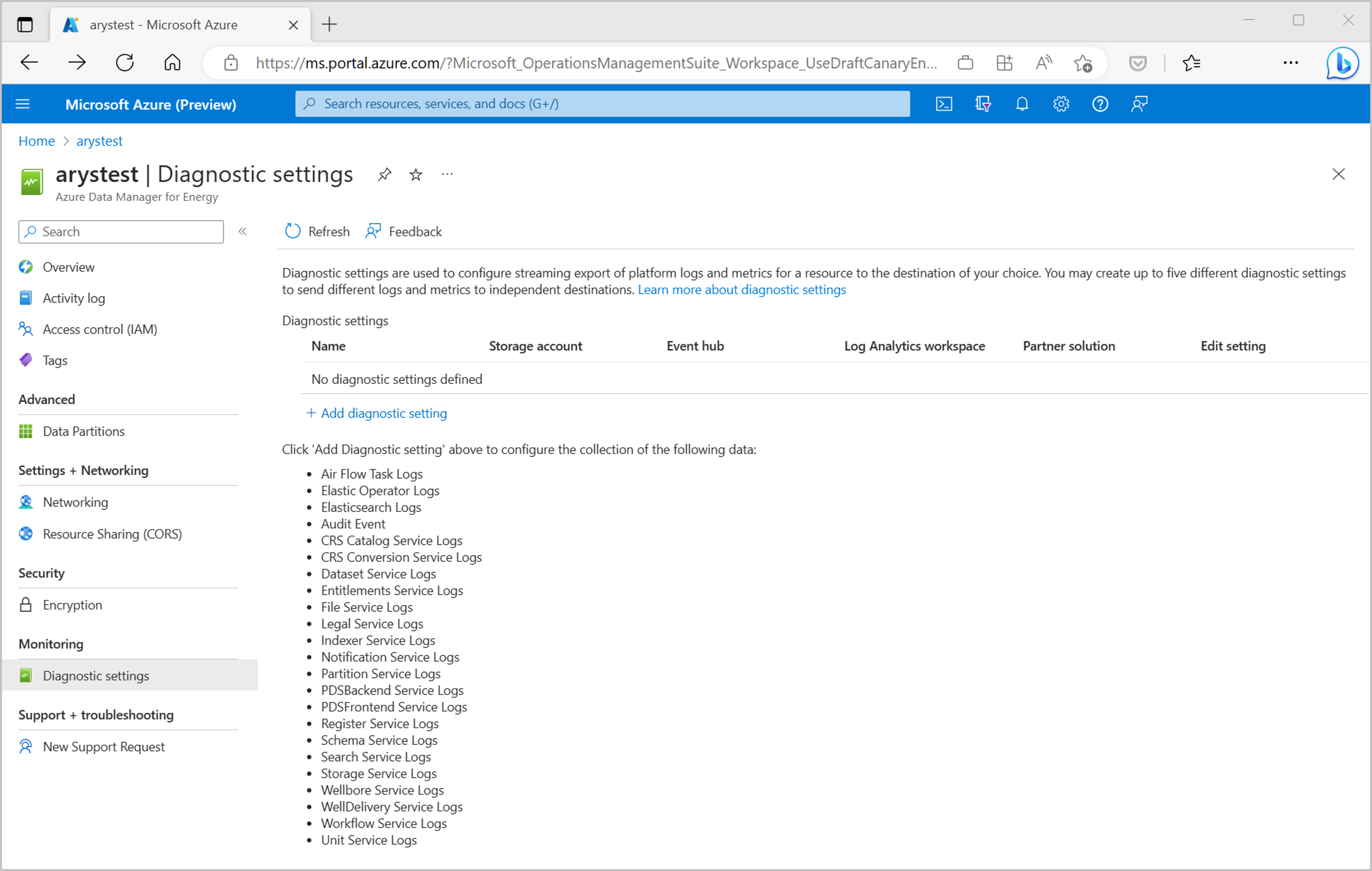 Screenshot: Liste der derzeit unterstützten OSDU-Dienste ist auf der Übersichtsseite mit den Diagnoseeinstellungen sichtbar.