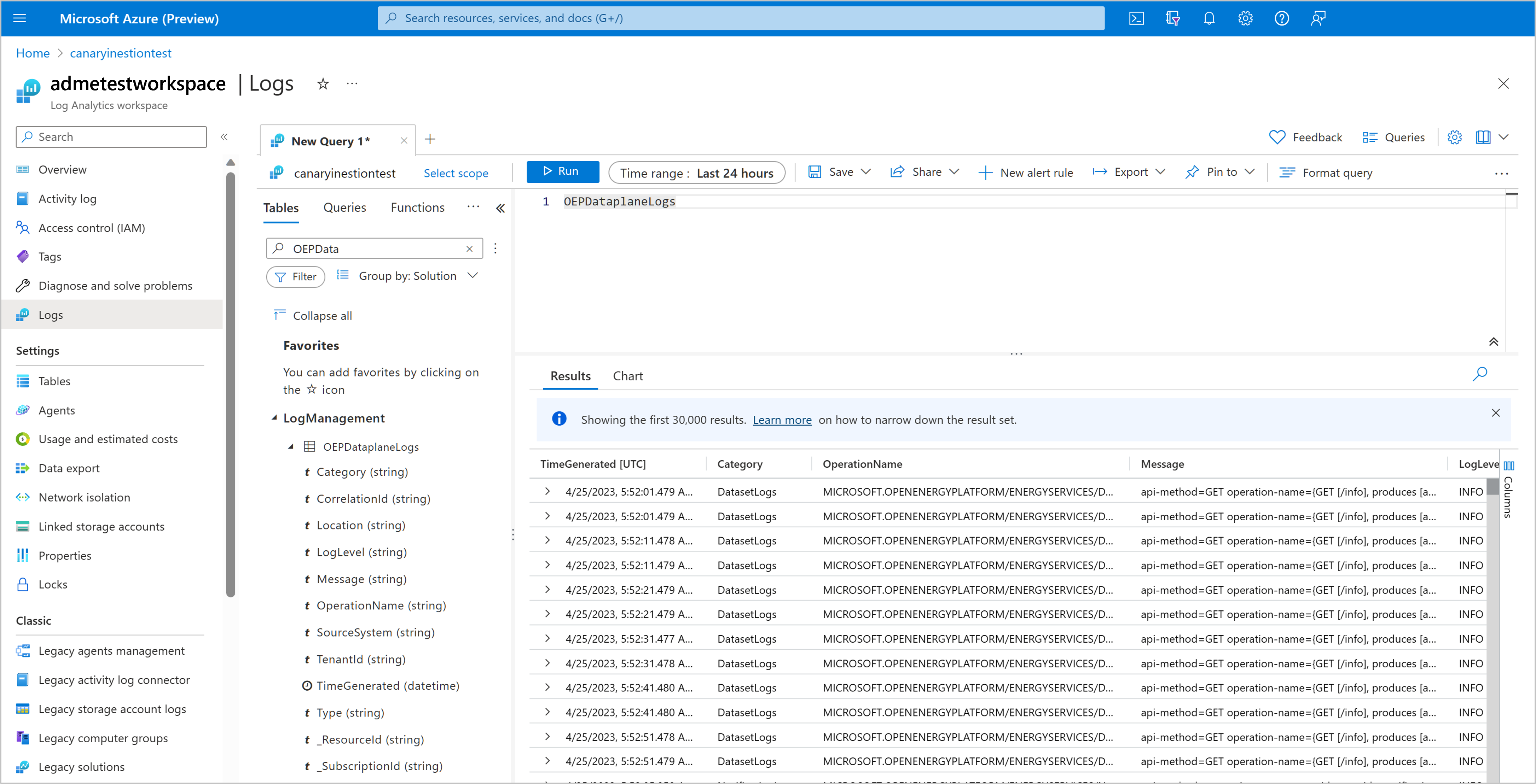 Screenshot: Verschiedene Teile der Benutzeroberfläche eines Log Analytics-Arbeitsbereichs