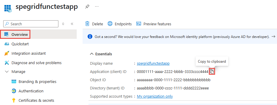 Screenshot: Seite Übersicht“ einer Microsoft Entra ID-App mit hervorgehobener Anwendungs-ID (Client)