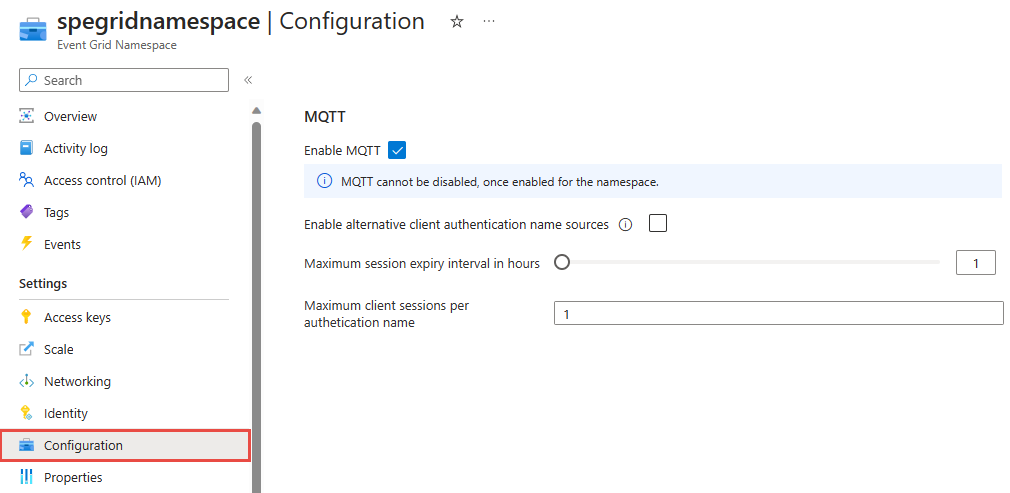 Screenshot der Event&nbsp;Grid-MQTT-Einstellungen.