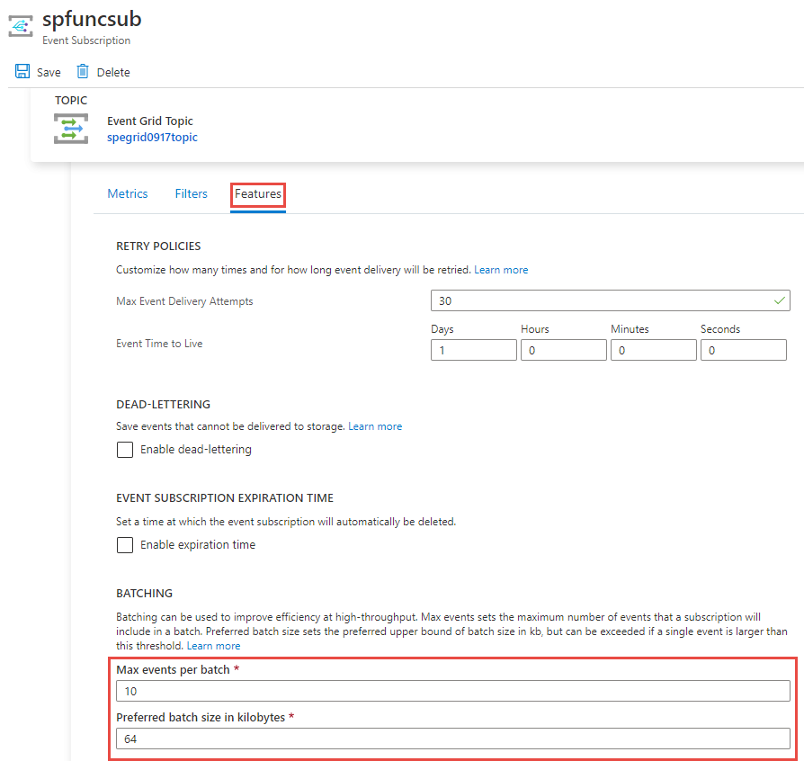 Screenshot des Features-Reiters auf der Seite Event Grid Topic, der Batch-Einstellungen für ein bestehendes Abonnement zeigt.