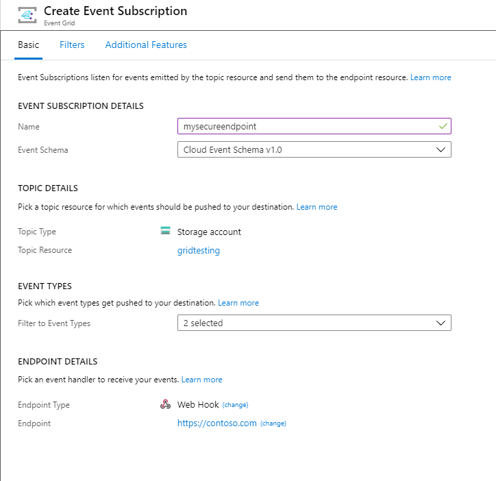 Screenshot der Auswahl des Endpunkttyp-Webhooks im Azure-Portal.