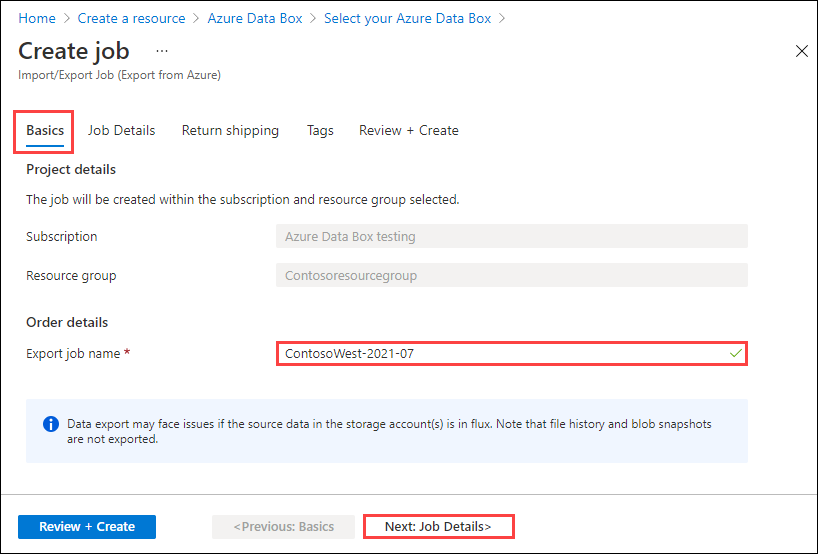 Screenshot der Registerkarte „Allgemeine Informationen“ für einen Exportauftrag in Azure Import/Export. Die Registerkarte „Allgemeine Informationen“, das Textfeld „Auftragsname importieren“ und die Schaltfläche „Weiter: Auftragsdetails“ sind hervorgehoben.