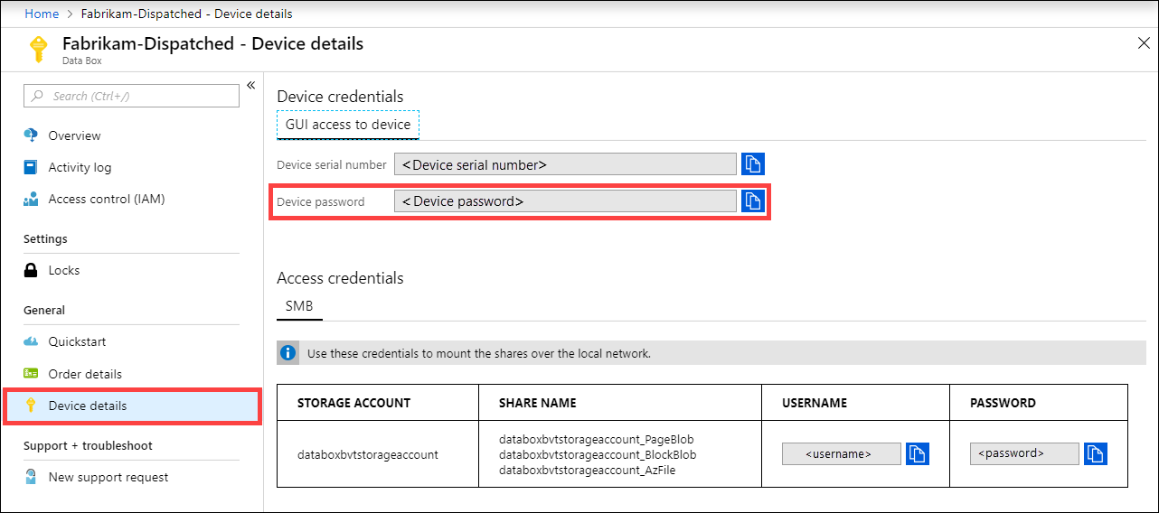 Screenshot: Gerätedetails für ein Data&nbsp;Box-Gerät im Azure-Portal. Das Menüelement „Gerätedetails“ und die Option „Gerätekennwort“ sind hervorgehoben.
