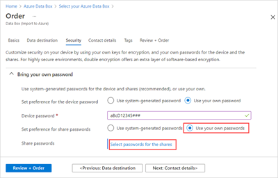 Screenshot: Optionen für die Verwendung eigener Freigabekennwörter auf der Registerkarte „Sicherheit“ für eine Data&nbsp;Box-Bestellung. Die Optionen „Eigene Kennwörter verwenden“ und „Kennwörter für Freigaben auswählen“ sind hervorgehoben.