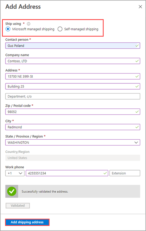 Screenshot: Bildschirm „Adresse hinzufügen“ für eine Data&nbsp;Box-Bestellung. Die Versandoptionen und die Option „Lieferadresse hinzufügen“ sind hervorgehoben.