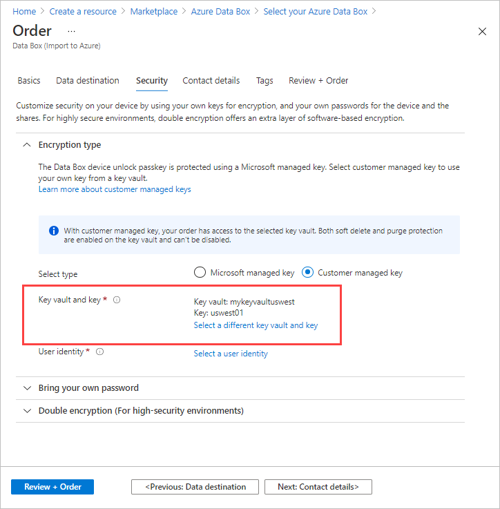 Screenshot: Registerkarte „Sicherheit“ für einen Data&nbsp;Box-Importauftrag. In den Einstellungen für den Verschlüsselungstyp sind ein Schlüsseltresor und ein Schlüssel hervorgehoben.