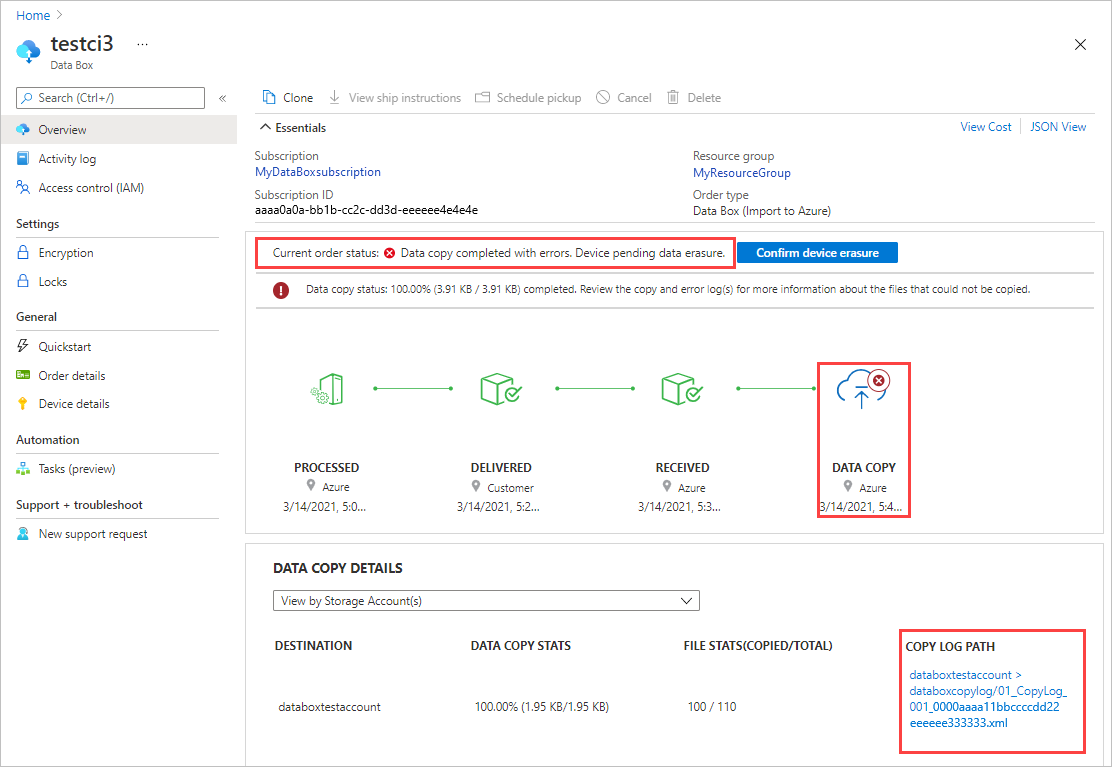 Benachrichtigung über Kopierfehler während eines Uploads im Azure-Portal