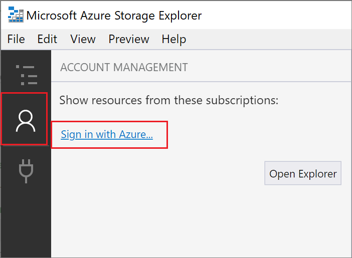 Screenshot zum Hinzufügen eines Azure Kontos zu Microsoft Azure Storage-Explorer.
