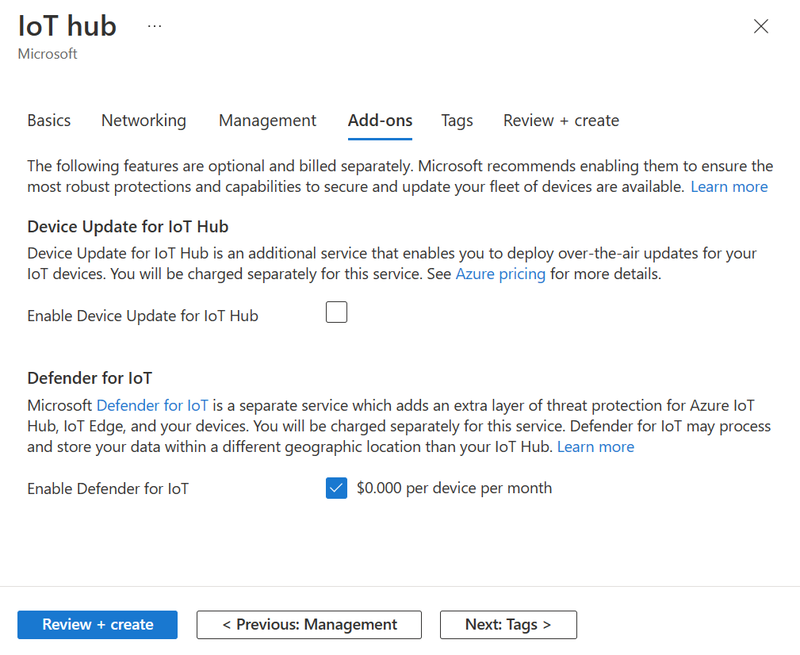 Screenshot, der zeigt, wie Sie die optionalen Add-Ons für einen neuen IoT-Hub festlegen.