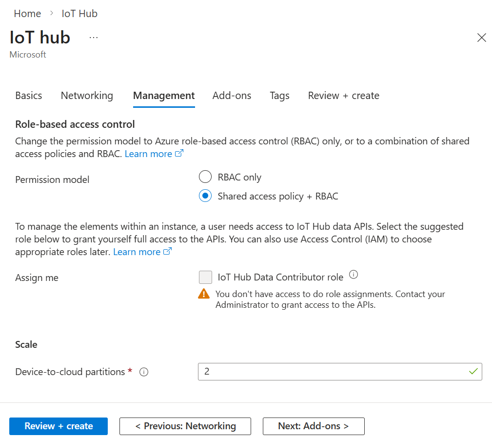Screenshot, der zeigt, wie Sie die rollenbasierte Zugriffssteuerung und skalierung für einen neuen IoT-Hub festlegen.