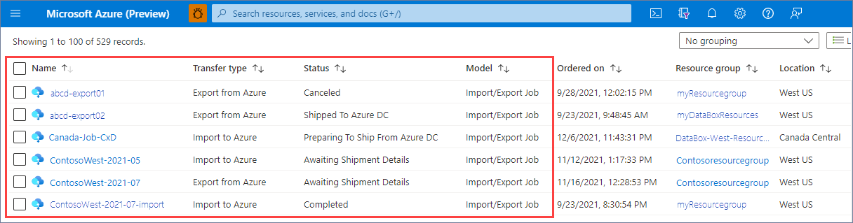 Screenshot der Data Box-Ressourcen im Azure-Portal, gefiltert nach Import-Export-Aufträgen. Der Auftragsname, der Übertragungstyp, der Status und das Modell sind hervorgehoben.