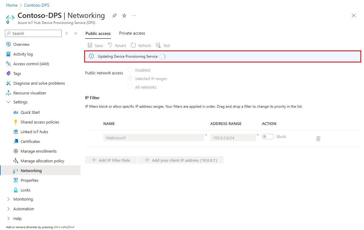 Screenshot der Benachrichtigung, die beim Speichern einer IP-Filterregel im Azure-Portal angezeigt wird.