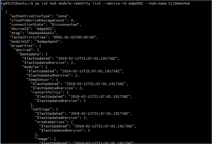 Screenshot mit der Ausgabe des Befehls „az iot hub module-identity list“.