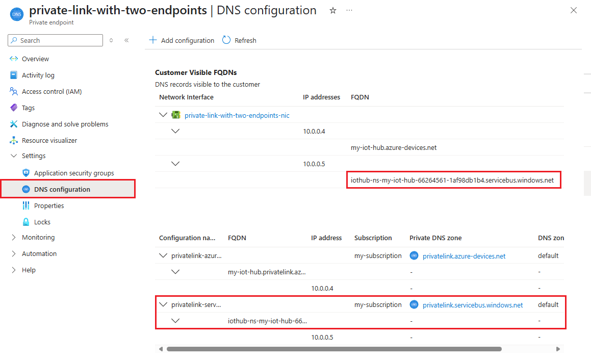 Screenshot mit zwei privaten Endpunkten für einen privaten IoT Hub-Link, der den FQDN und die Konfiguration für den integrierten Endpunkt hervorhebt.