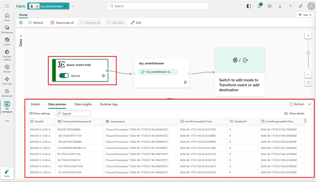 Screenshot: Eventstream mit Daten aus der Quelle „AzureEventHub“
