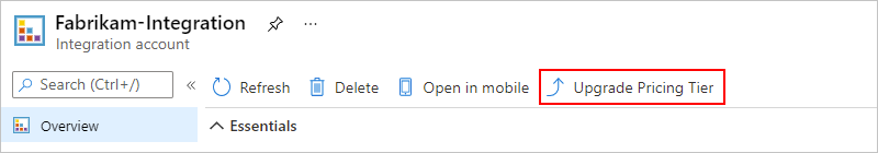 Der Screenshot zeigt das Integrationskonto, die Seite „Übersicht“ und die ausgewählte Option „Preisstufe hochstufen“.