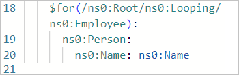 Screenshot zeigt den Codebereich mit Schleifenzuordnung zwischen Quell- und übergeordneten Zielarrays sowie Arrayelementen.