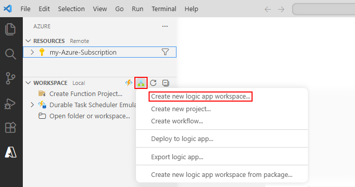 Screenshot zeigt Visual Studio Code mit Azure-Fenster, Symbolleiste des Arbeitsbereichs und der ausgewählten Option für den 'Neue Logik-App erstellen'-Arbeitsbereich.