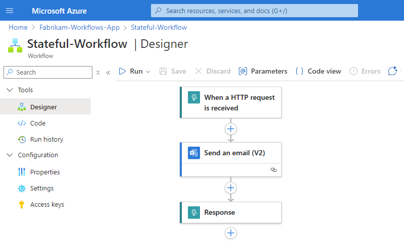 Screenshot einer Logik-App, die aus Visual Studio Code mit dem Designer und zuvor erstelltem Workflow bereitgestellt wurde