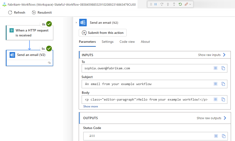 Screenshot zeigt den Status für jeden Schritt im Workflow sowie Eingaben und Ausgaben in erweiterter Aktion namens 