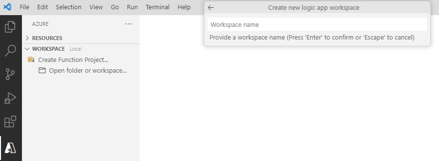 Screenshot zeigt die Eingabeaufforderung zum Bereitstellen eines Arbeitsbereichsnamens.