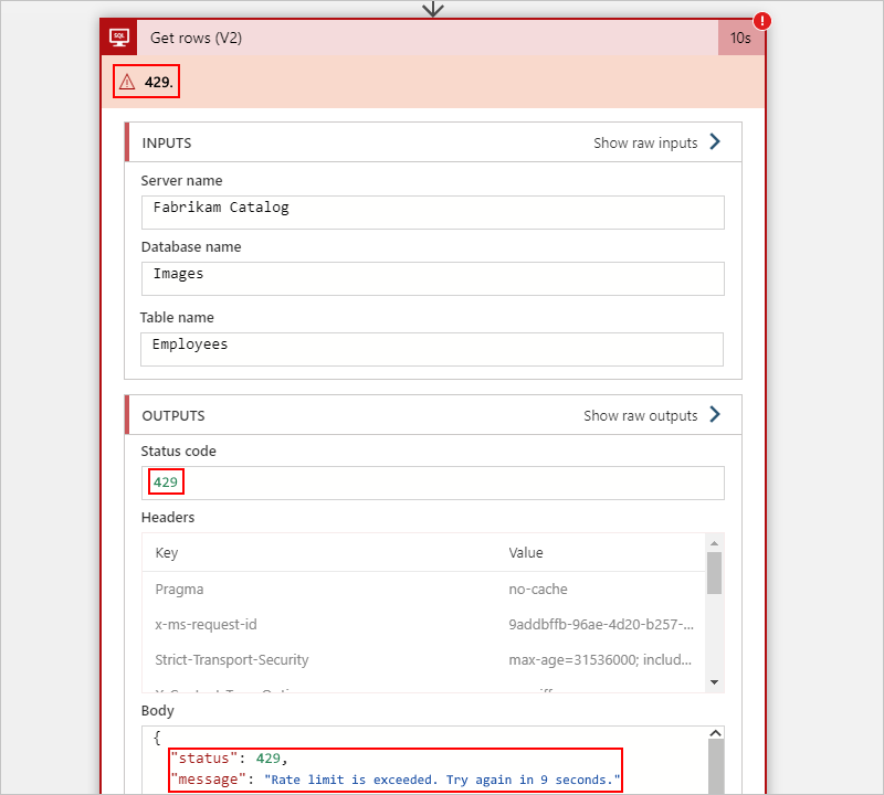 Screenshot eines Verbrauchsworkflows mit einer SQL Server-Aktion mit einem Fehler von 429.