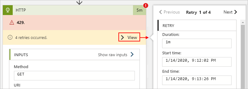 Screenshot des Workflows „Verbrauch“ mit dem Ausführungsverlauf, den Wiederholungen, Eingaben und Ausgaben einer HTTP-Aktion.