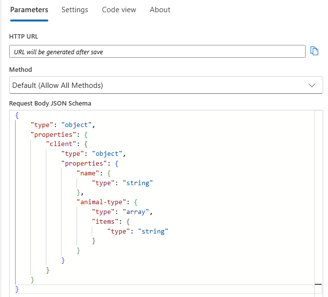 Screenshot des JSON-Schemas, das aus der JSON-Beispielnutzlast generiert wurde.