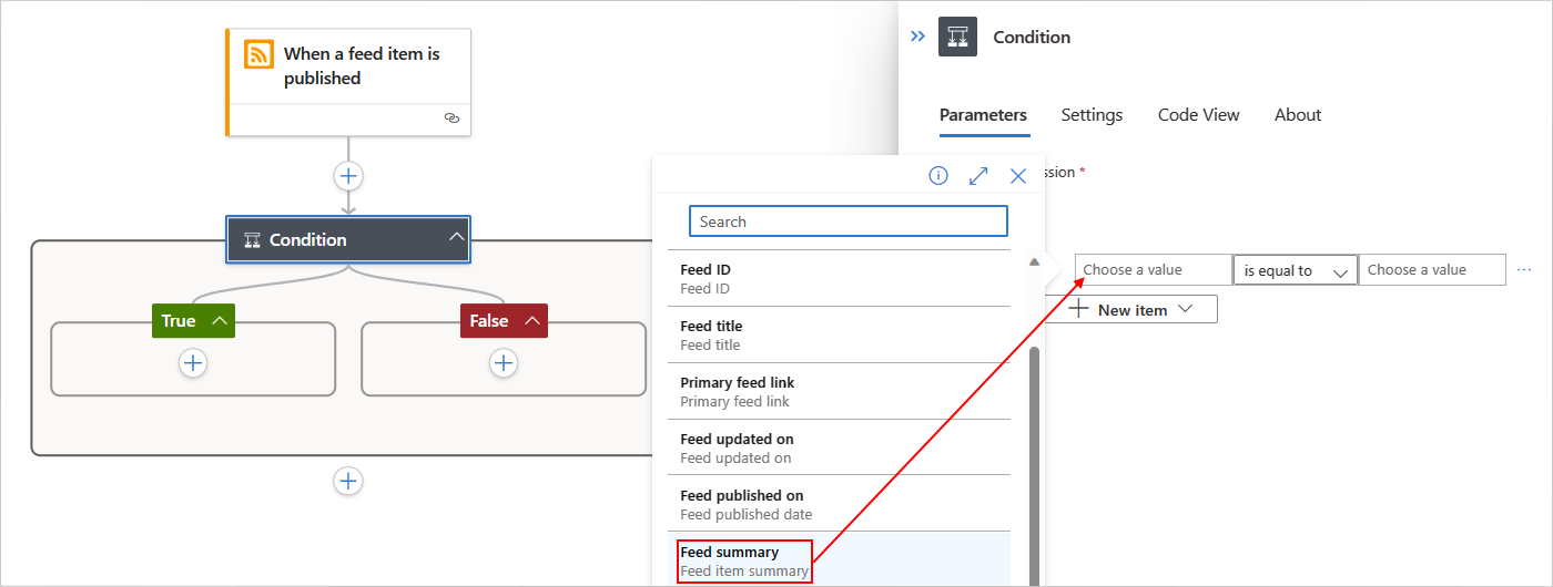 Screenshot: Azure-Portal, Standardworkflow-Designer, RSS-Trigger und Bedingungsaktion mit Kriterienkonstruktion.