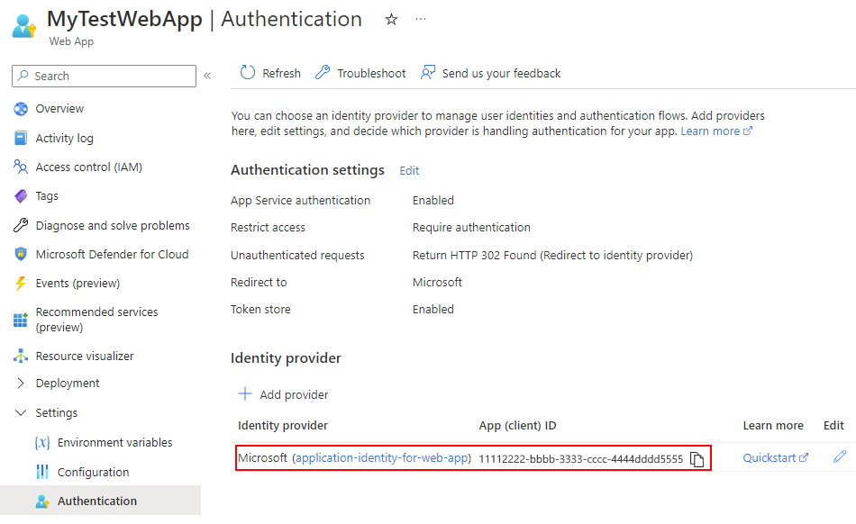 Screenshot der neu erstellten Anwendungsidentität für Web-App oder API-App.
