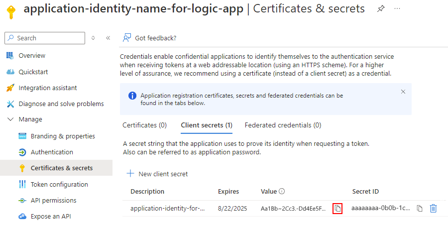 Screenshot zeigt geheimen Wert und geheime ID mit der Schaltfläche 