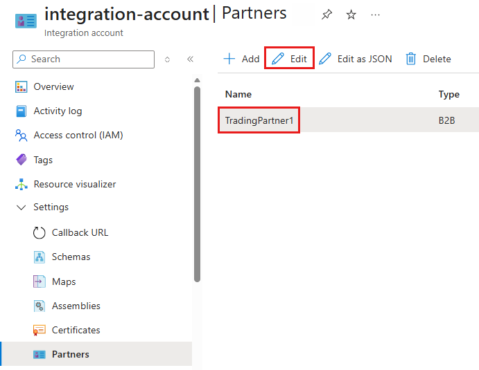 Screenshot zeigt das Azure-Portal, das Integrationskonto und die Partnerseite mit ausgewähltem TradingPartner1 und der Schaltfläche 