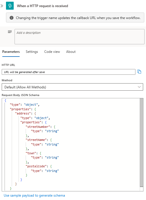 Screenshot des Standardworkflows mit anforderungsauslöser und Anforderungstext-JSON-Schemaparameter mit Beispielschema.