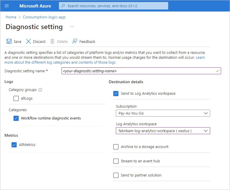 Screenshot des Azure-Portals: Log&nbsp;Analytics-Arbeitsbereich und zu erfassende Daten.
