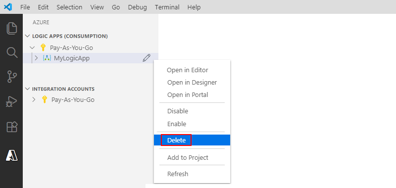 Screenshot, der Visual Studio Code und das Löschen einer Logik-App-Ressource zeigt.