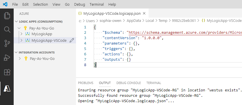 Screenshot des Frameworks für eine leere Workflowdefinition einer Logik-App in einer JSON-Datei.