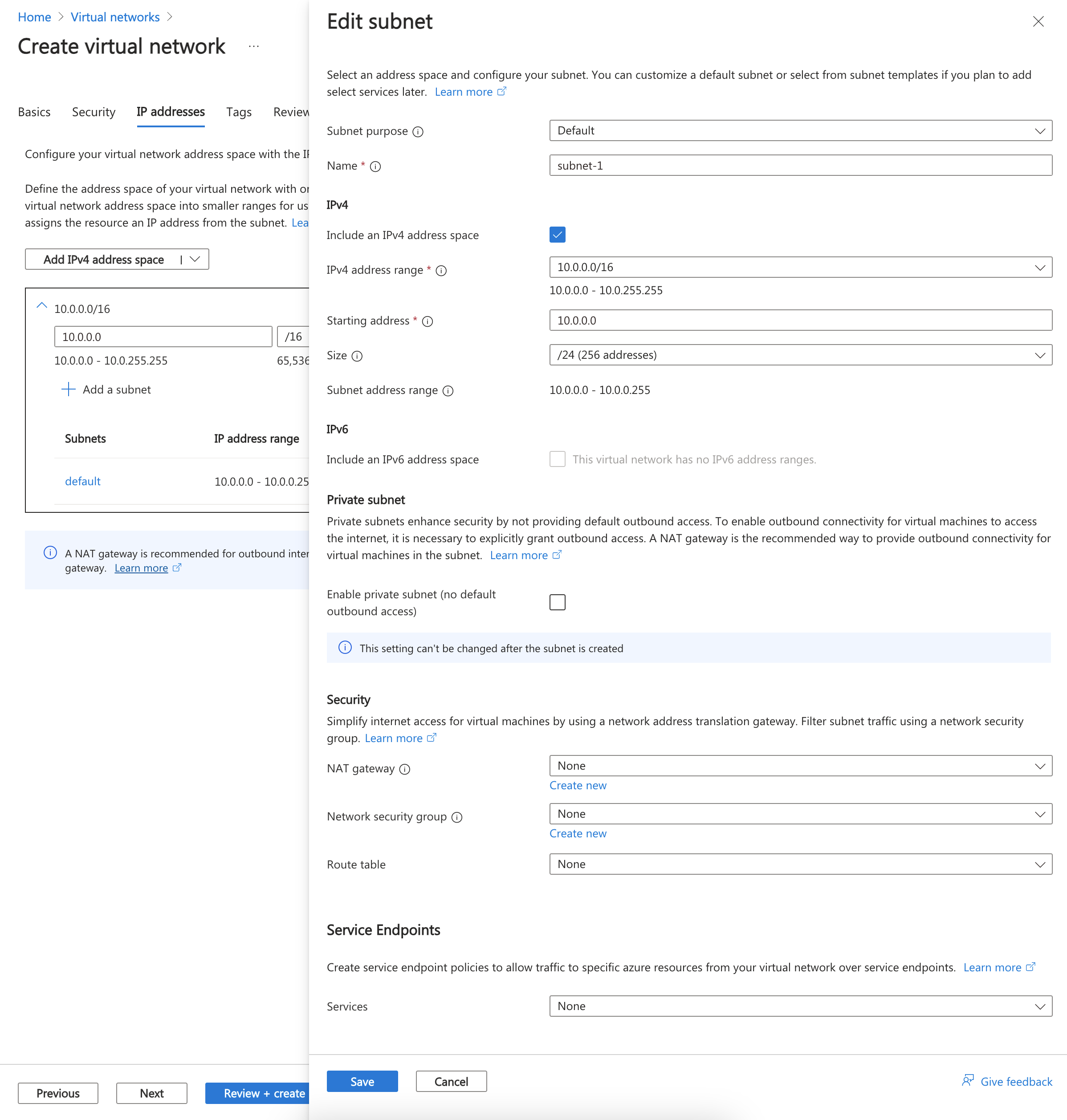Screenshot: Umbenennen und Konfigurieren des Standardsubnetzes
