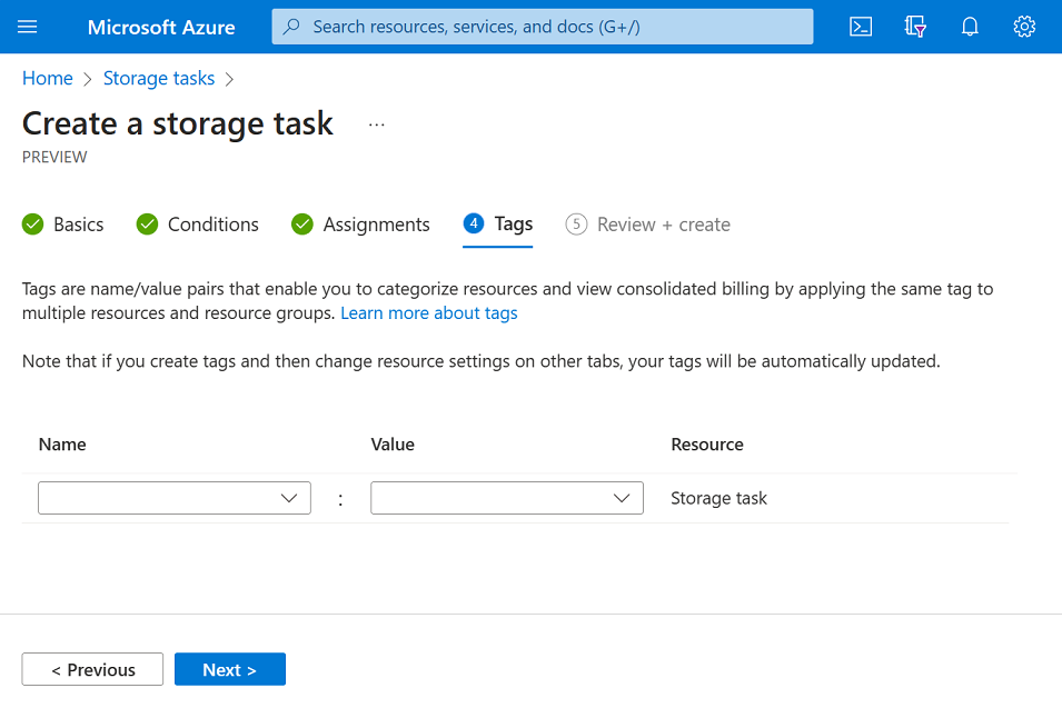 Screenshot der Registerkarte „Tags“ des Bereichs „Erstellen einer Storage-Aufgabe“.