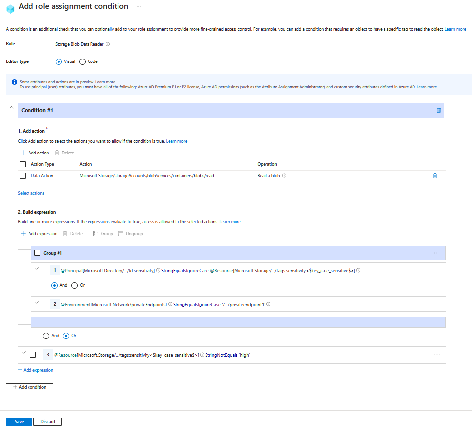 Screenshot des Bedingungs-Editors im Azure-Portal mit „Lesezugriff über einen bestimmten privaten Endpunkt für markierte Benutzer zugelassen“